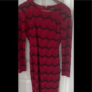 Guess Red & Black Lace Long Sleeve Midi Dress